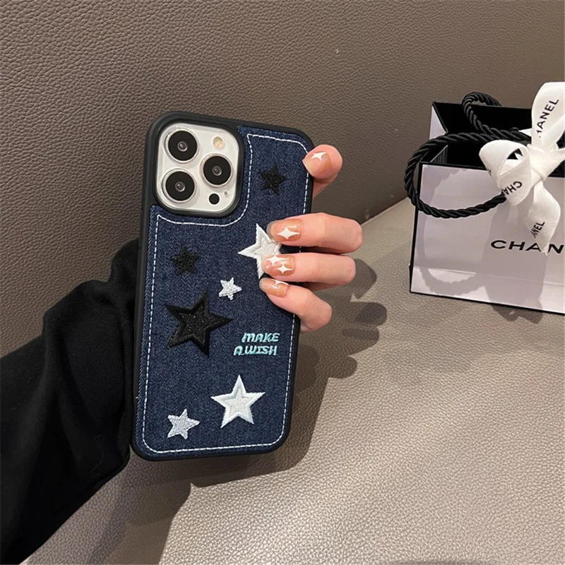 Embroidery Star Phone Cover for iPhone 13 Pro , Jeans Cloth+TPU Scratch-resistant Phone Case