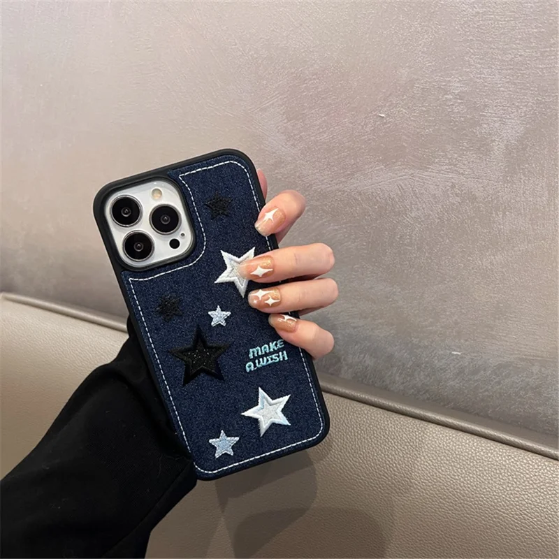 Embroidery Star Phone Cover for iPhone 13 Pro , Jeans Cloth+TPU Scratch-resistant Phone Case