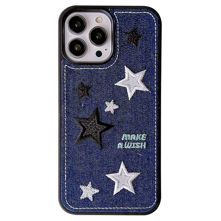 Para iPhone 13 Pro Max Embroidery Star Phone Case Anti-scratch Jeans Cloth+TPU Phone Cover