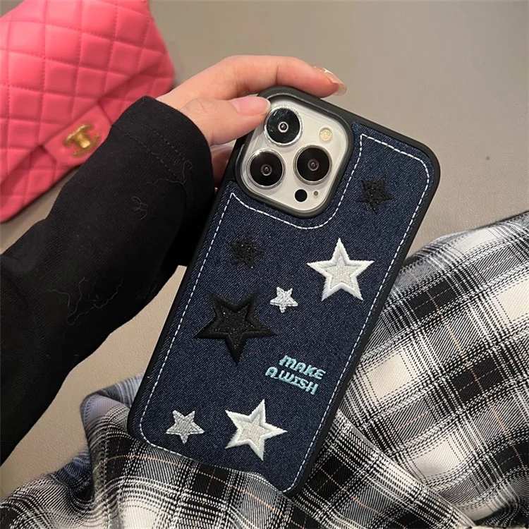 Para iPhone 13 Pro Max Embroidery Star Phone Case Anti-scratch Jeans Cloth+TPU Phone Cover