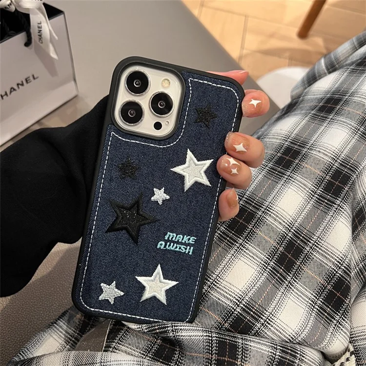 Para iPhone 13 Pro Max Embroidery Star Phone Case Anti-scratch Jeans Cloth+TPU Phone Cover