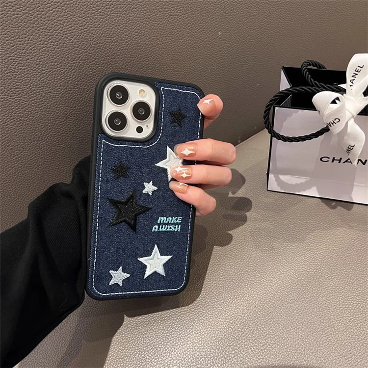 Para iPhone 13 Pro Max Embroidery Star Phone Case Anti-scratch Jeans Cloth+TPU Phone Cover