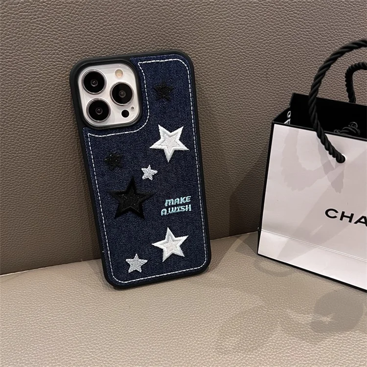 Para iPhone 13 Pro Max Embroidery Star Phone Case Anti-scratch Jeans Cloth+TPU Phone Cover