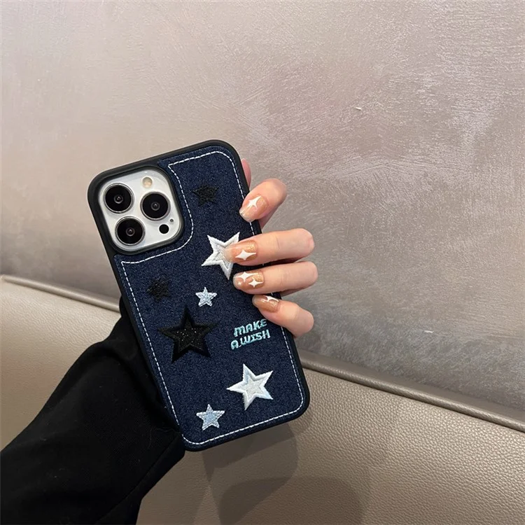Para iPhone 13 Pro Max Embroidery Star Phone Case Anti-scratch Jeans Cloth+TPU Phone Cover