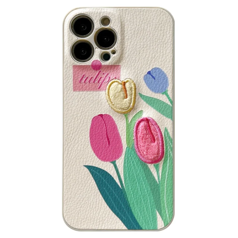 For iPhone 13 Pro Mobile Phone Case Cover Embroidery Design Tulip TPU Cell Phone Shell