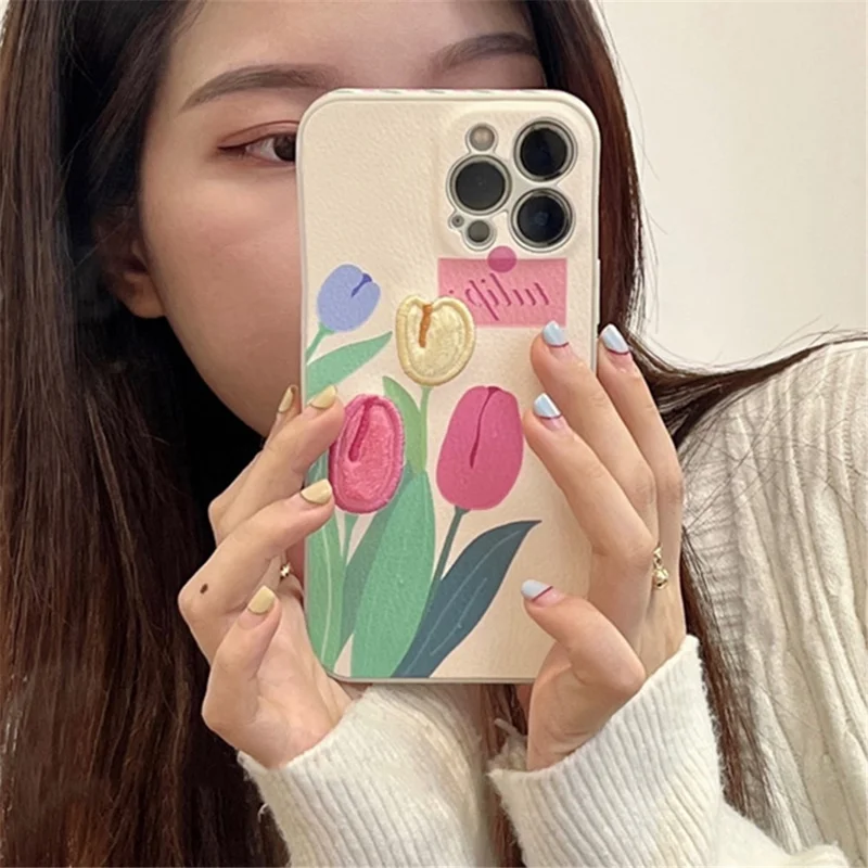 For iPhone 13 Pro Mobile Phone Case Cover Embroidery Design Tulip TPU Cell Phone Shell