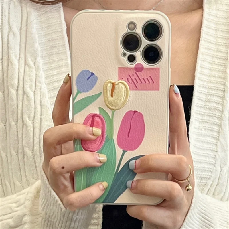 For iPhone 13 Pro Mobile Phone Case Cover Embroidery Design Tulip TPU Cell Phone Shell