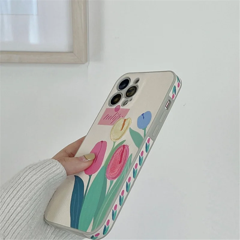 For iPhone 13 Pro Mobile Phone Case Cover Embroidery Design Tulip TPU Cell Phone Shell