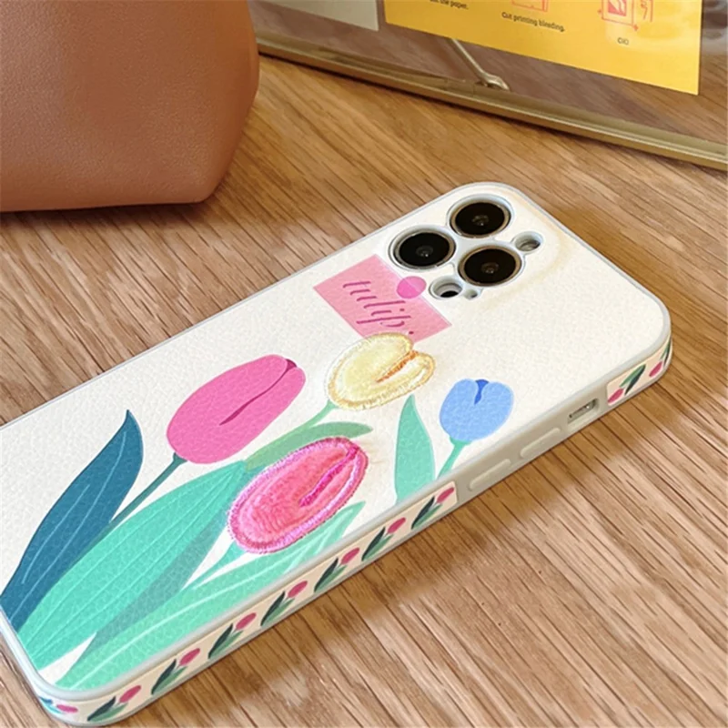 For iPhone 13 Pro Mobile Phone Case Cover Embroidery Design Tulip TPU Cell Phone Shell