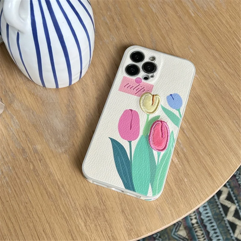 For iPhone 13 Pro Mobile Phone Case Cover Embroidery Design Tulip TPU Cell Phone Shell