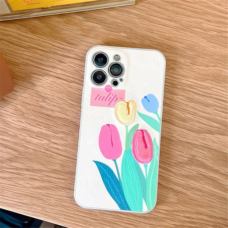 For iPhone 13 Pro Mobile Phone Case Cover Embroidery Design Tulip TPU Cell Phone Shell
