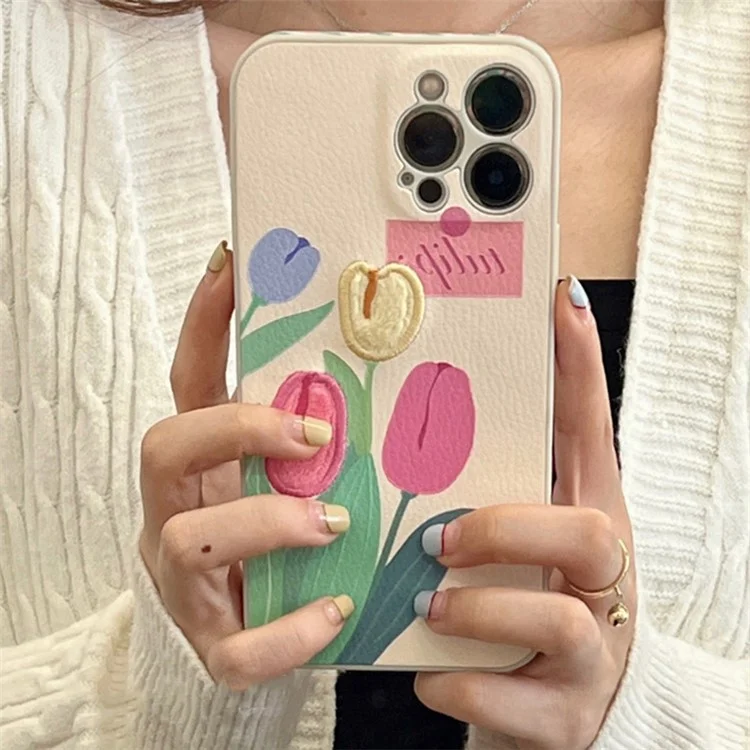 Für iPhone 13 Pro Max Stickerei-Tulpen-Handyhülle, kratzfest, schlanke TPU-Handyhülle