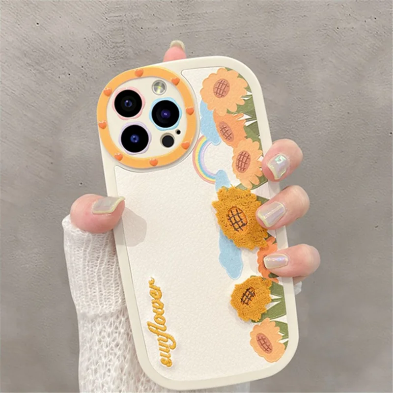Silicone Phone Case for iPhone 14 Pro , Embroidery 3D Flower Mobile Phone Protective Cover - Apricot+Sunflower