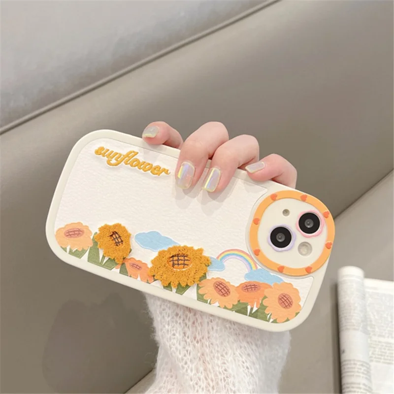 Silicone Phone Case for iPhone 14 Pro , Embroidery 3D Flower Mobile Phone Protective Cover - Apricot+Sunflower