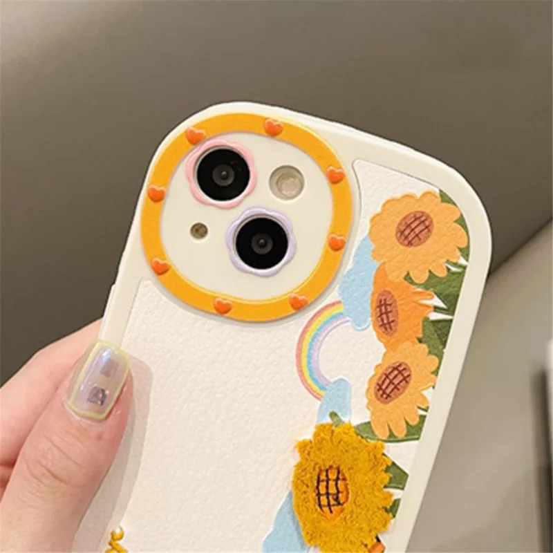 Silicone Phone Case for iPhone 14 Pro , Embroidery 3D Flower Mobile Phone Protective Cover - Apricot+Sunflower