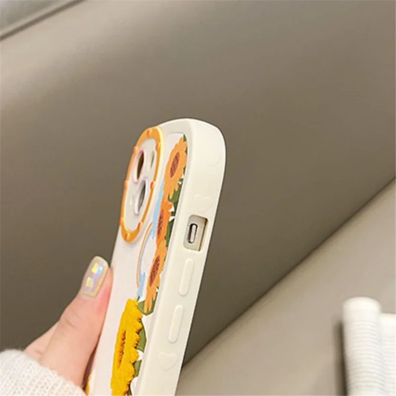 Silicone Phone Case for iPhone 14 Pro , Embroidery 3D Flower Mobile Phone Protective Cover - Apricot+Sunflower