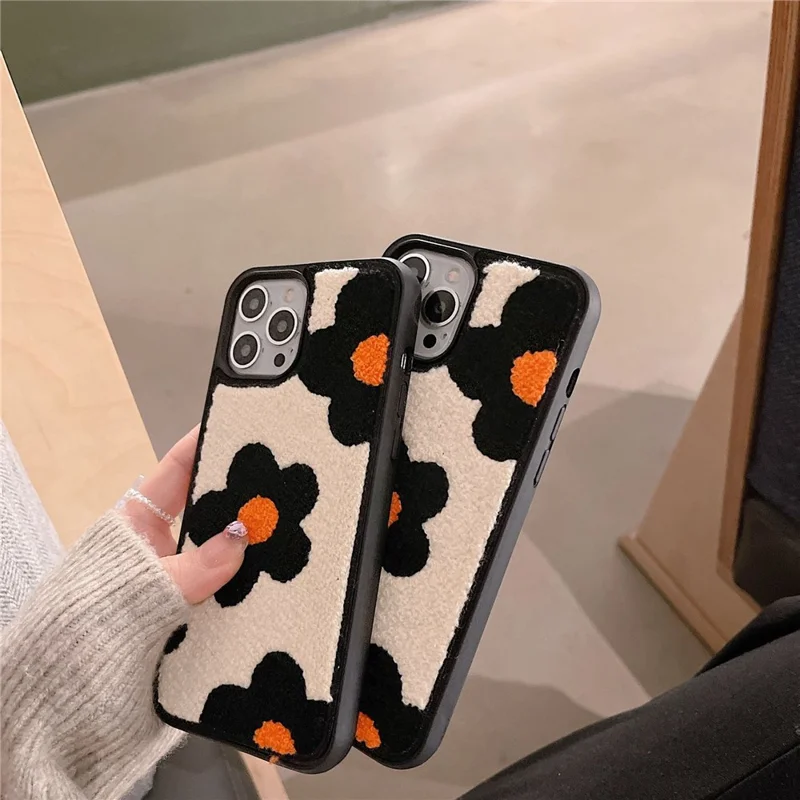 For iPhone 14 Pro Max Embroidery Plush Flower Phone Case TPU + PC Protective Phone Cover - Orange