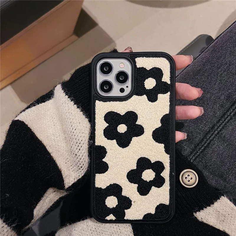 For iPhone 14 Pro Max Embroidery Plush Flower Phone Case TPU + PC Protective Phone Cover - Black