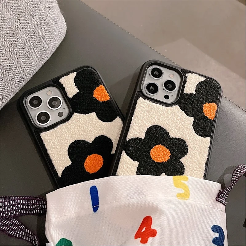 For iPhone 14 Pro Max Embroidery Plush Flower Phone Case TPU + PC Protective Phone Cover - Black