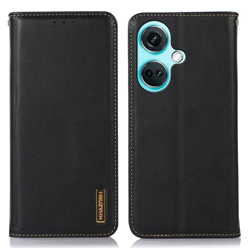 KHAZNEH For OnePlus Nord CE3 5G Genuine Cow Leather Phone Case Stand Cover RFID Blocking Wallet Shell - Black