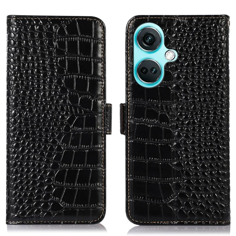 For OnePlus Nord CE3 5G Genuine Cow Leather RFID Blocking Wallet Cover Crocodile Texture Stand Phone Case - Black