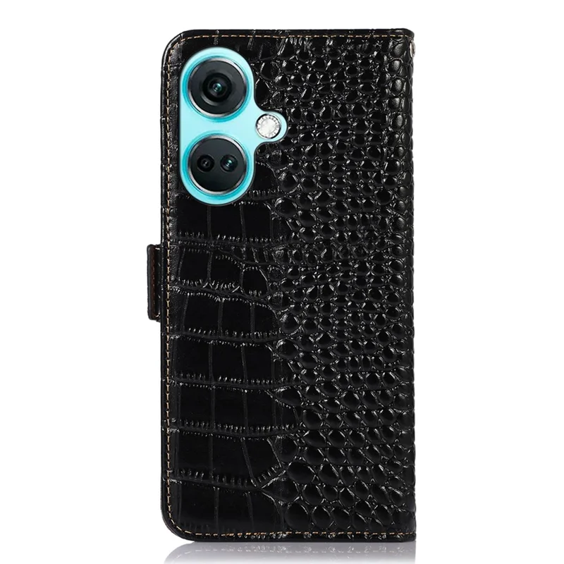 For OnePlus Nord CE3 5G Genuine Cow Leather RFID Blocking Wallet Cover Crocodile Texture Stand Phone Case - Black