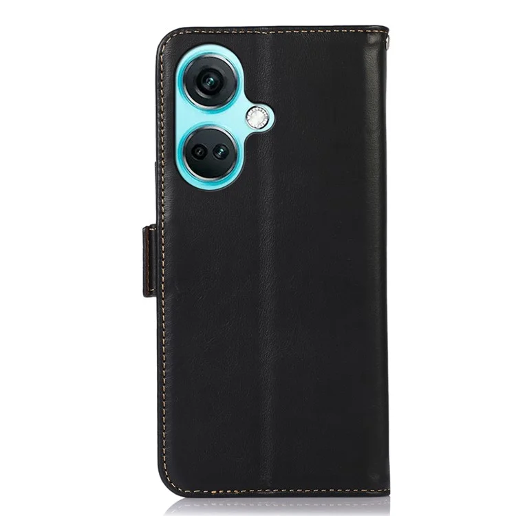 For OnePlus Nord CE3 5G RFID Blocking Wallet Stand Cover Genuine Cow Leather  Anti-drop Phone Case - Black