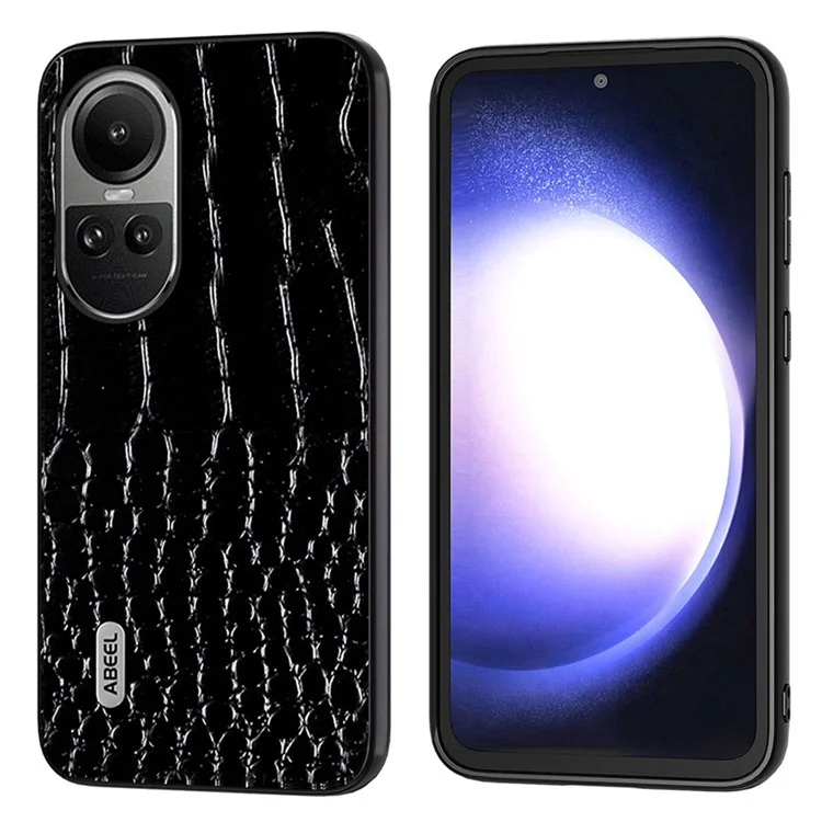 ABEEL For Oppo Reno10 Pro 5G (Global) / Reno10 5G (Global) Кожаный чехол для телефона с текстурой крокодила - Подлинная кожа коровы+PC+TPU, черный