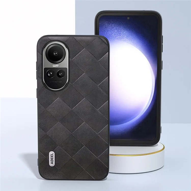 ABEEL Para Oppo Reno10 Pro 5G (Global) / Reno10 5G (Global) Caso do Telefone Celular com Textura de Grade PU Leather Coated PC+TPU Back Cover - Preto