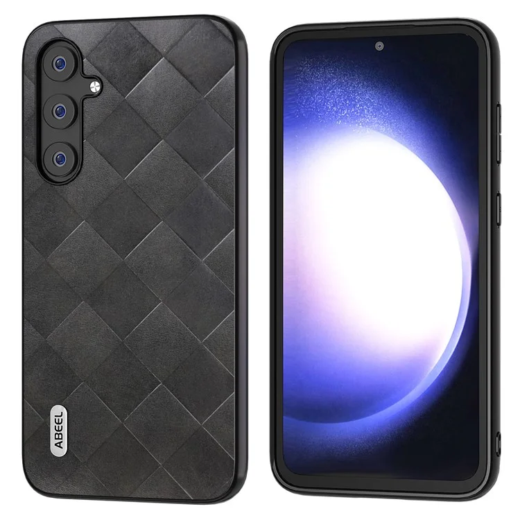 ABEEL For Samsung Galaxy S23 FE Grid Texture Anti-drop Case PU Leather Coated PC+TPU Phone Cover - Black