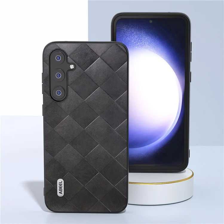 ABEEL For Samsung Galaxy S23 FE Grid Texture Anti-drop Case PU Leather Coated PC+TPU Phone Cover - Black