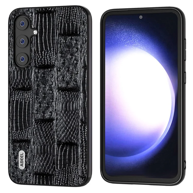 ABEEL Für Samsung Galaxy S23 FE Mahjong Textur Kratzfester Fall Echtes Rindsleder+PC+TPU Handy-Cover - Schwarz