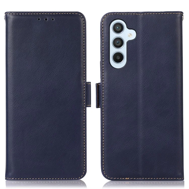 Pour Samsung Galaxy F34 5G / M34 5G RFID Blocking Wallet Stand Cover Genuine Cow Leather Shockproof Phone Case - Bleu