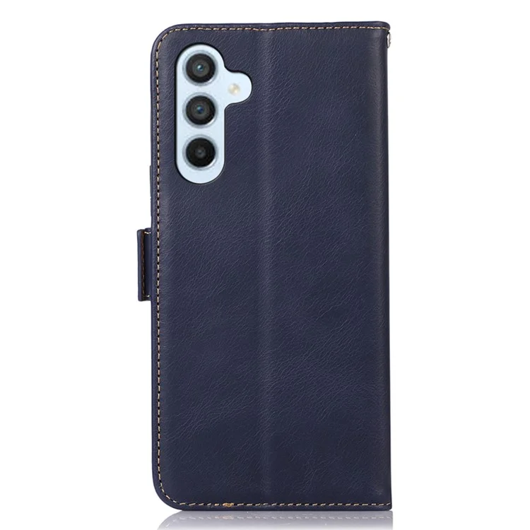 Pour Samsung Galaxy F34 5G / M34 5G RFID Blocking Wallet Stand Cover Genuine Cow Leather Shockproof Phone Case - Bleu