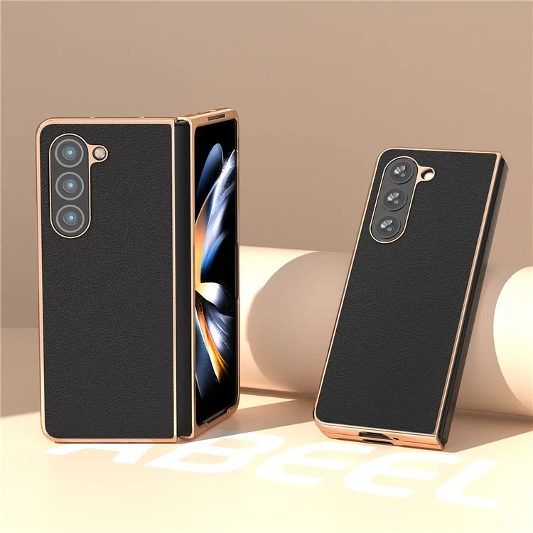 Para Samsung Galaxy Z Fold5 5G Textured Genuine Cow Leather Coated PC Phone Case Electroplating Anti-Scratch Cover - Black