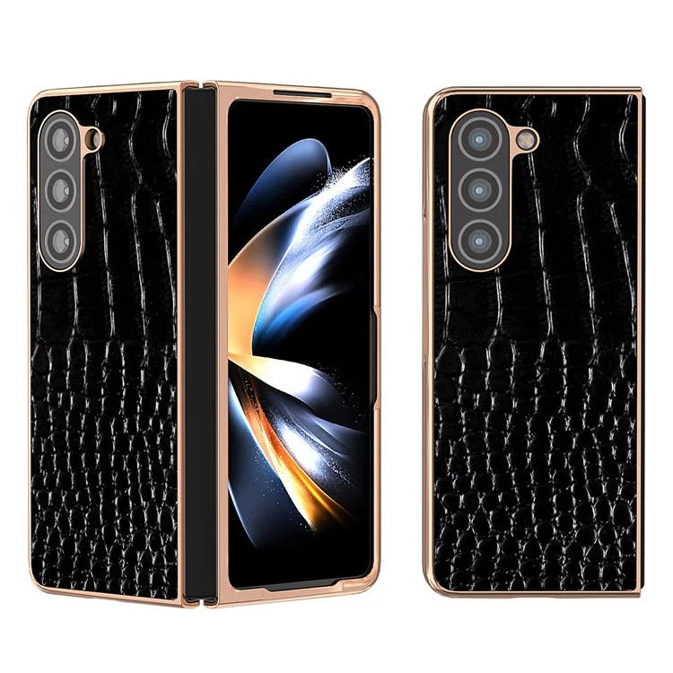 Для Samsung Galaxy Z Fold5 5G Electroplating Protective Phone Case Genuine Cow Leather + PC Crocodile Texture Cover - Black