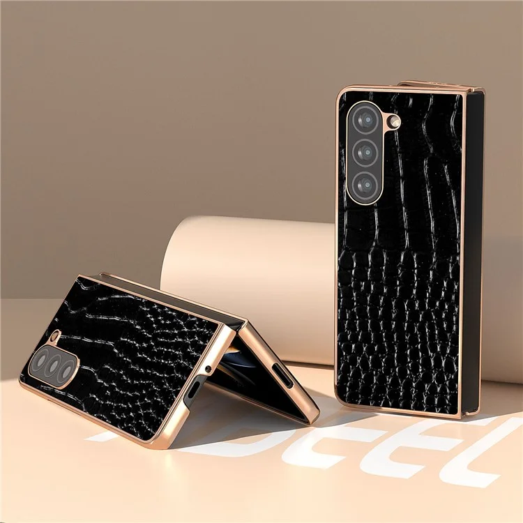 Для Samsung Galaxy Z Fold5 5G Electroplating Protective Phone Case Genuine Cow Leather + PC Crocodile Texture Cover - Black