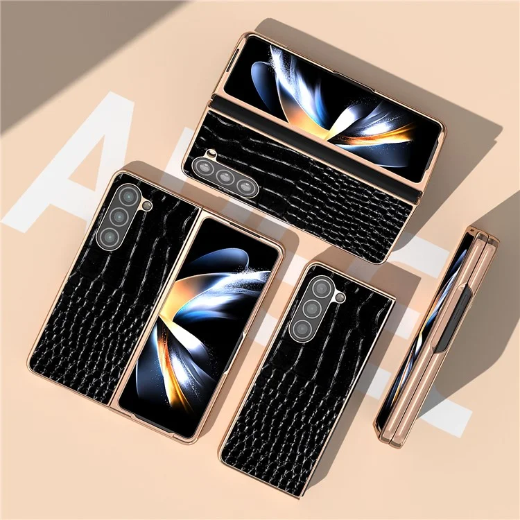 Для Samsung Galaxy Z Fold5 5G Electroplating Protective Phone Case Genuine Cow Leather + PC Crocodile Texture Cover - Black