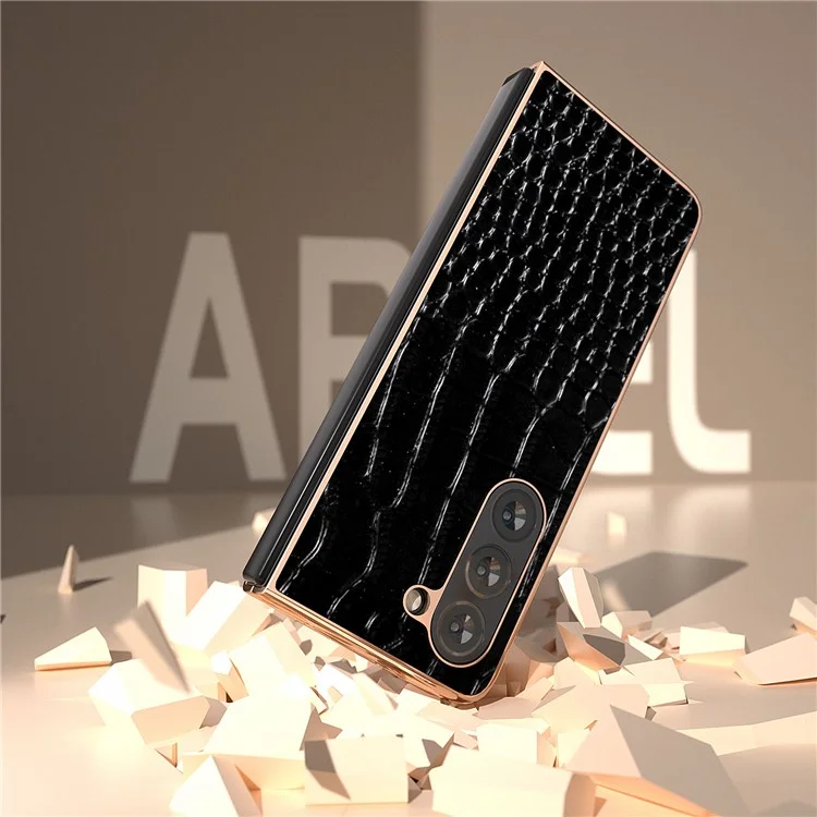 Для Samsung Galaxy Z Fold5 5G Electroplating Protective Phone Case Genuine Cow Leather + PC Crocodile Texture Cover - Black
