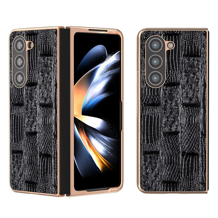 Per Samsung Galaxy Z Fold5 5G Mahjong Texture Protective Cover Genuine Cow Leather + PC Electroplating Phone Case - Black