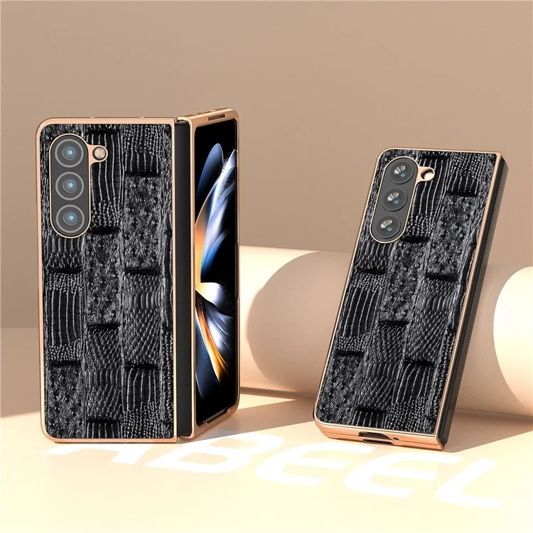 Per Samsung Galaxy Z Fold5 5G Mahjong Texture Protective Cover Genuine Cow Leather + PC Electroplating Phone Case - Black