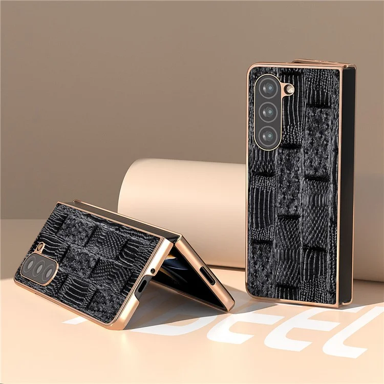 Per Samsung Galaxy Z Fold5 5G Mahjong Texture Protective Cover Genuine Cow Leather + PC Electroplating Phone Case - Black
