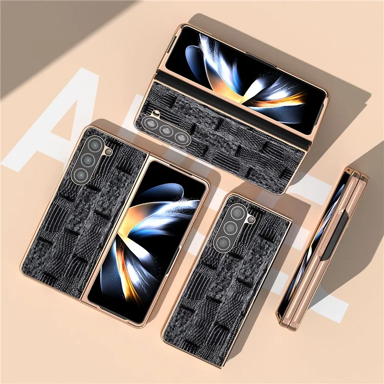 Per Samsung Galaxy Z Fold5 5G Mahjong Texture Protective Cover Genuine Cow Leather + PC Electroplating Phone Case - Black