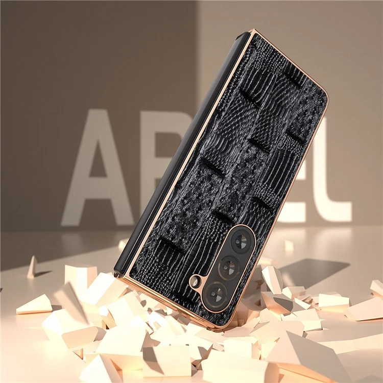 Per Samsung Galaxy Z Fold5 5G Mahjong Texture Protective Cover Genuine Cow Leather + PC Electroplating Phone Case - Black