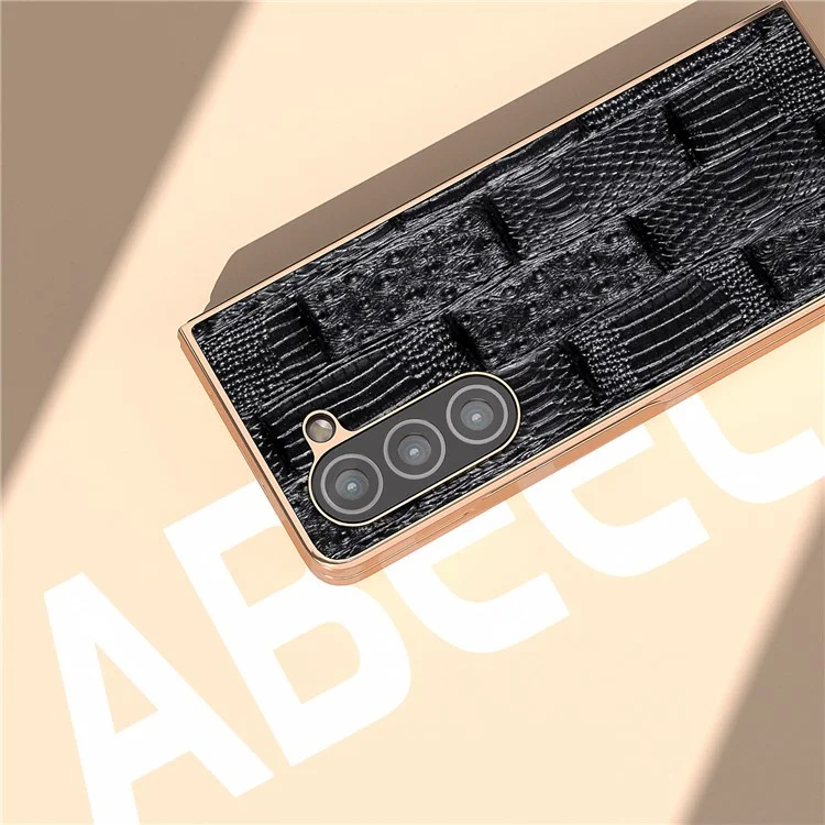 Per Samsung Galaxy Z Fold5 5G Mahjong Texture Protective Cover Genuine Cow Leather + PC Electroplating Phone Case - Black