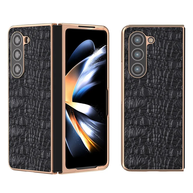 For Samsung Galaxy Z Fold5 5G Phone Case Genuine Cow Leather + PC Canopy Texture Electroplating Cover - Black