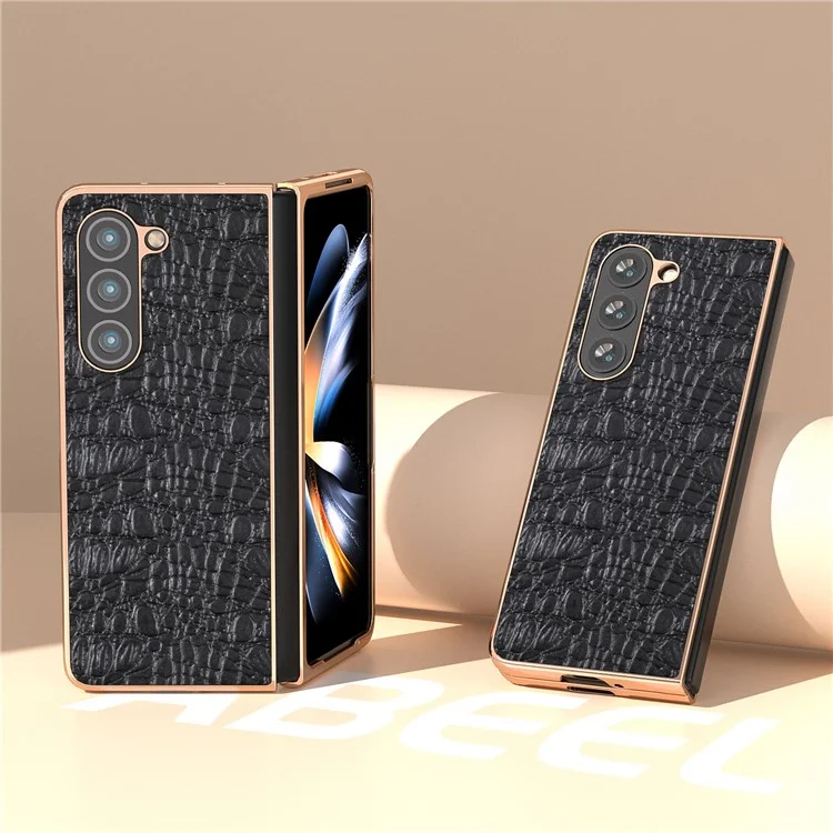 For Samsung Galaxy Z Fold5 5G Phone Case Genuine Cow Leather + PC Canopy Texture Electroplating Cover - Black