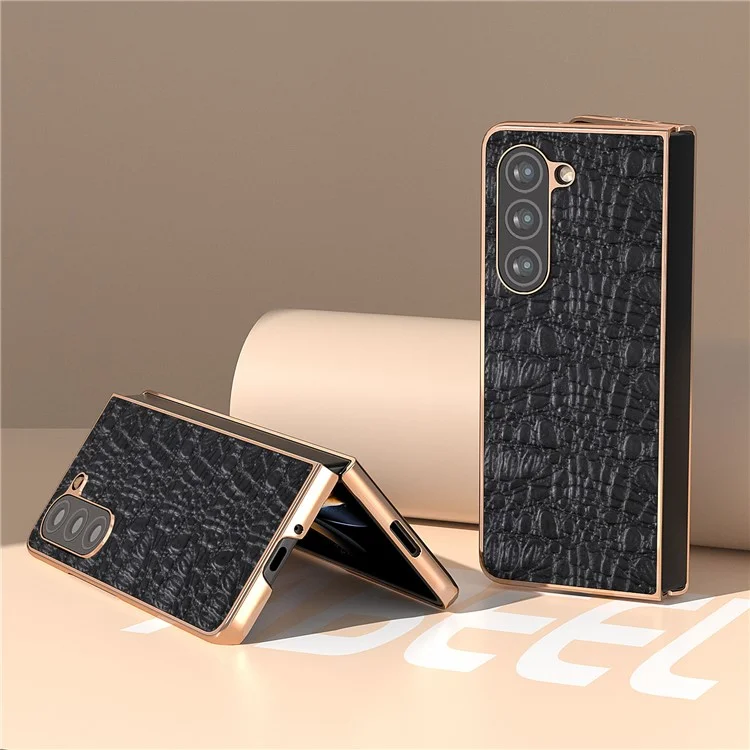 For Samsung Galaxy Z Fold5 5G Phone Case Genuine Cow Leather + PC Canopy Texture Electroplating Cover - Black