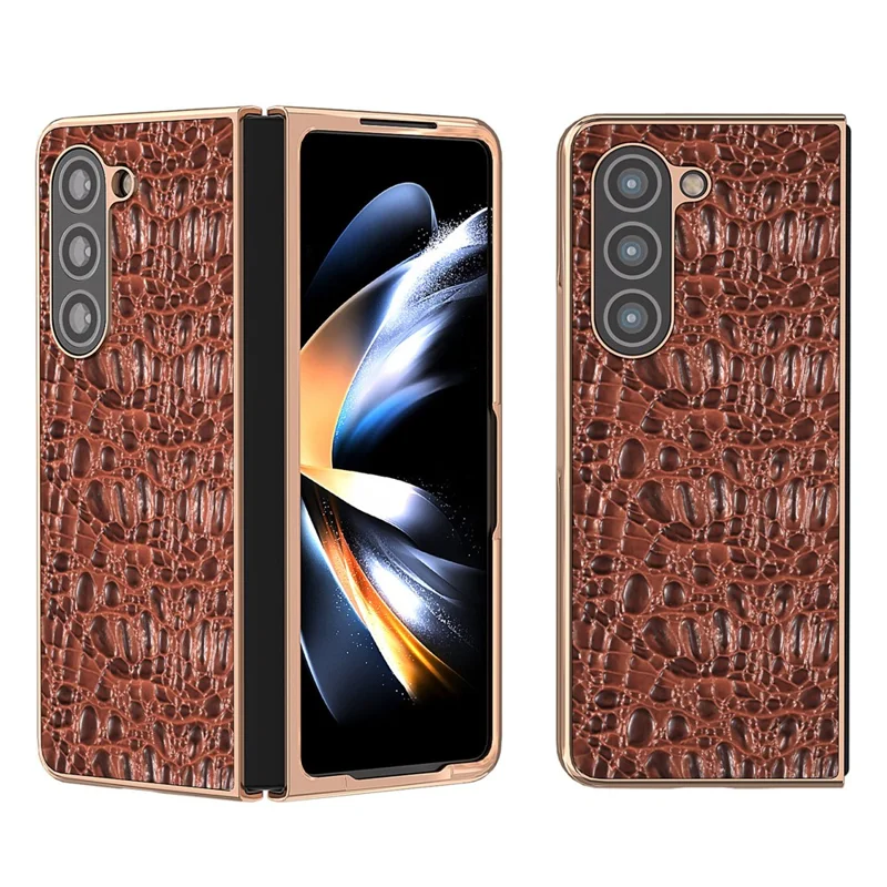 For Samsung Galaxy Z Fold5 5G Phone Case Genuine Cow Leather + PC Canopy Texture Electroplating Cover - Coffee