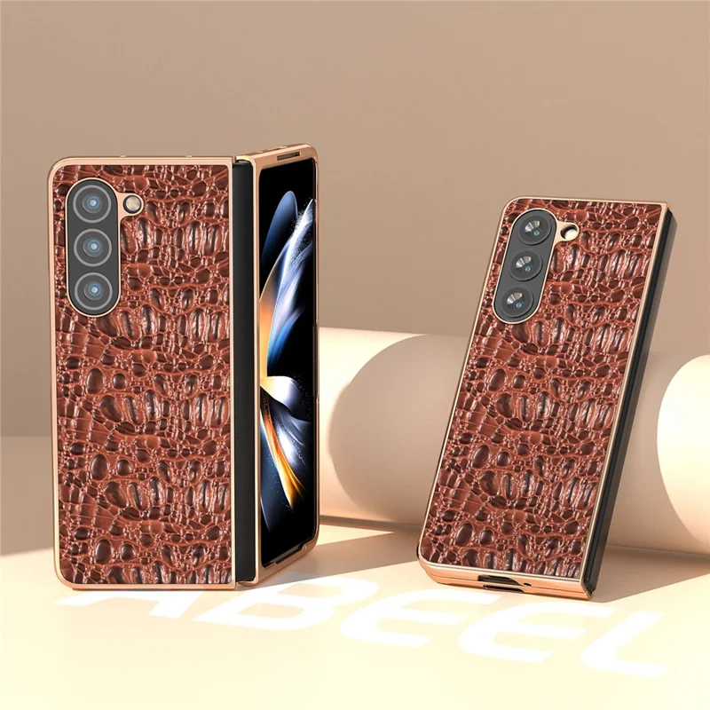 For Samsung Galaxy Z Fold5 5G Phone Case Genuine Cow Leather + PC Canopy Texture Electroplating Cover - Coffee